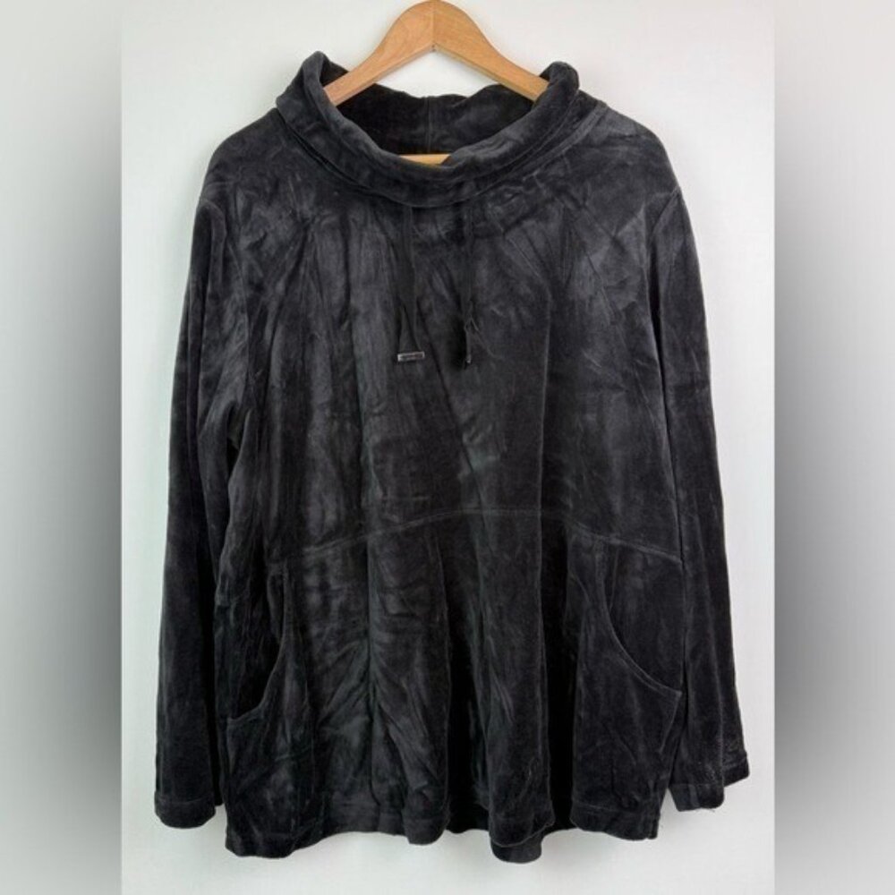 CHICOS Zenergy Black Velour Funnel-Neck Tunic Pullover Drawstring Cozy Size 3(L) - Picture 2 of 13